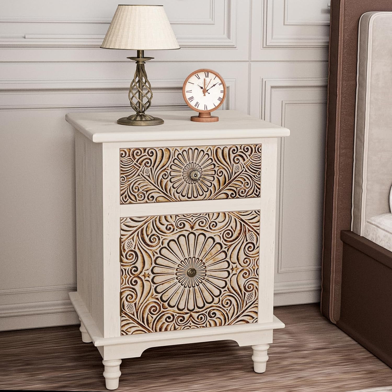 End with Drawer and Shelf Vintage Nightstand with Pattern Drawer Wood ...