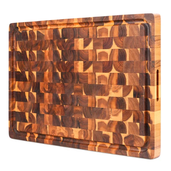 Solid Acacia Wood 20"x15" Cutting Board, 1.5" Thick End Grain Butcher Block, Pre-Oiled Carving Tray, Juice Grooves, Easy Grip Handle