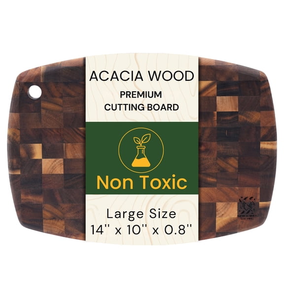 End Grain Acacia Wood Cutting Board 14x10 Inch with Hanging Hole, Thick & Durable Butcher Block for Meat, Cheese, Fruit & Kitchen Prep Knife Friendly, Non-Toxic, Plastic-Free by New M Way