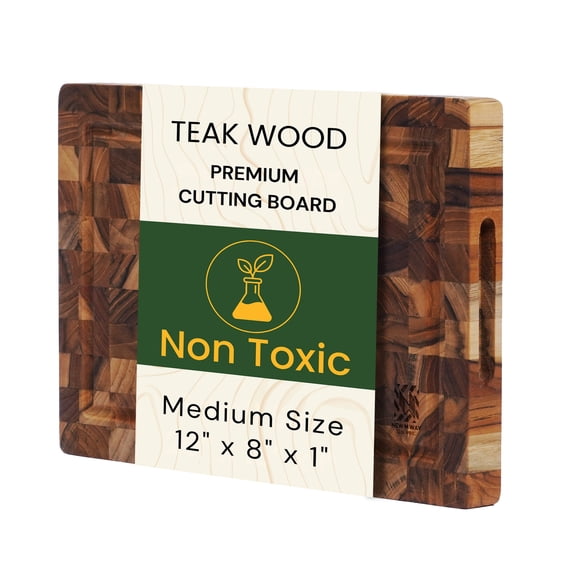 End Grain Teak Cutting Board 12x8 Inch Small with Handle & Juice Groove, Thick Solid Wood Butcher Block for Meat, Fruit, Cheese & Kitchen Prep  by New M Way