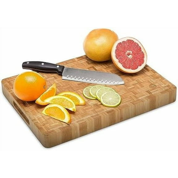 End Grain Wood Bamboo Cutting Board, Extra Large Butcher Block with Juice Groove, Handles, Non-Slip Feet for Chopping Veggies/Meat.