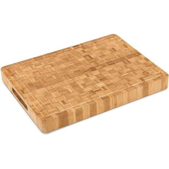 End Grain Wood Bamboo Cutting Board for Kitchen, Commercial Use - Extra Large, Thick Butcher Block with Juice Groove, Handles, and Non-Slip Feet for Chopping Veggies, Carving Meat, Bread and Cheese