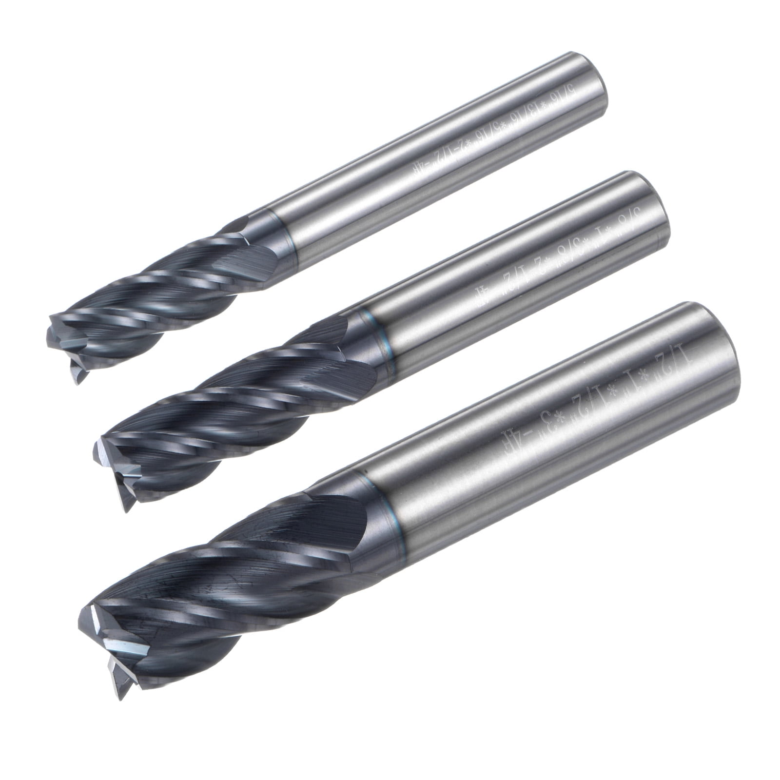 End Mill Set, 5/16" 3/8" 1/2" 4 Flutes Tungsten Steel Round Shank CNC Milling Bit