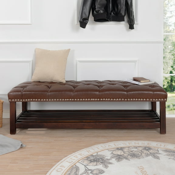 End Of Bed Shoe Bench With Birch Legs, 60" Upholstered Leather, Dark Brown For Bedroom Rack Chair Bench, Length,