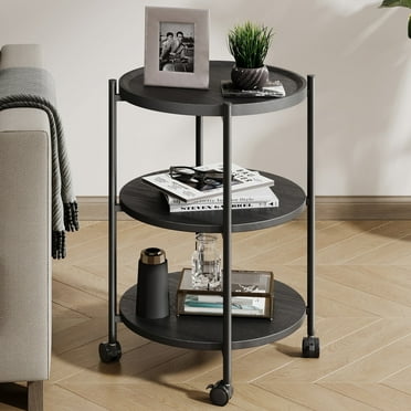 End Side Table, 3-Tier Small Coffee Table Round Sofa Table with Metal Frame, Narrow Nightstand for Living Room Bedroom Outdoor, Black