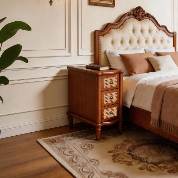 End Side Table, Cane-Decorated Drawers, Rattan Drawers, Inside Storage, With Storage, for Living Room/Bedroom
