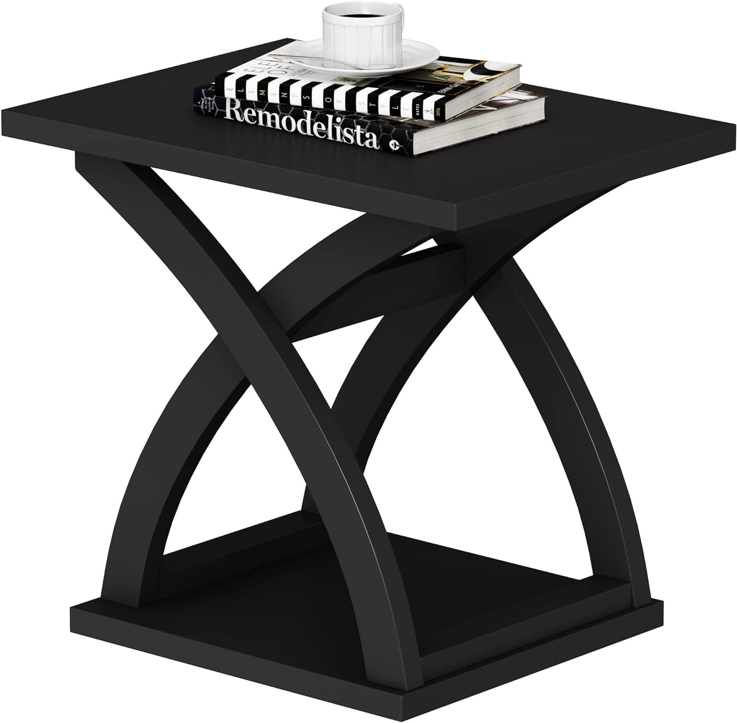 Black Modern X-Design MDF End Side Table with Storage Shelf