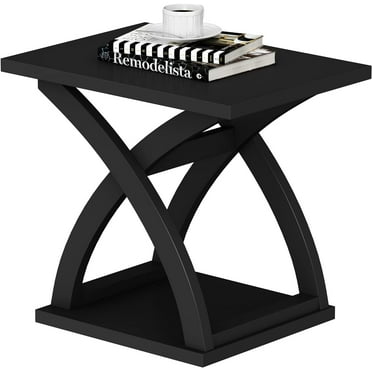 End Side Table, Modern End Table with Storage Shelf, X-Design Side Table Living Room (Black)
