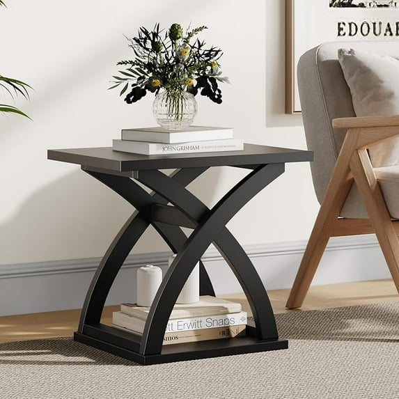 End Side Table, Modern End Table with Storage Shelf, X-Design Side Table Living Room