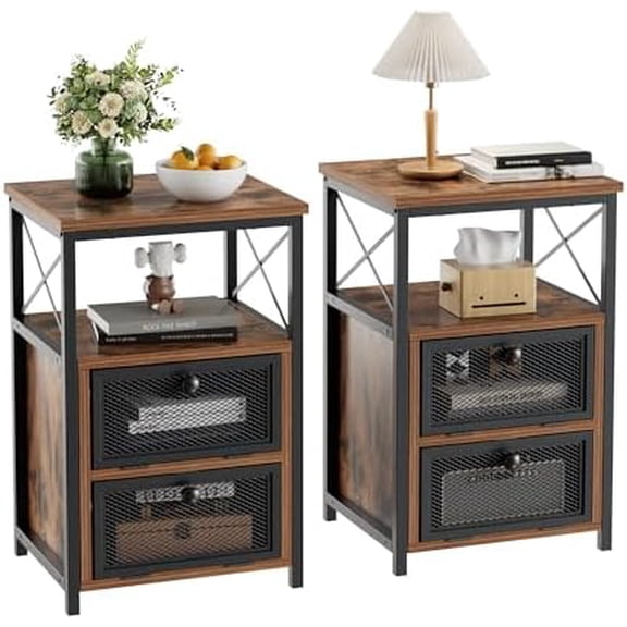 End Side Table, Modern Night Stand with Storage Space and Door, Set of 2 Nightstands for Living Room,Bedroom,Lounge, Brown