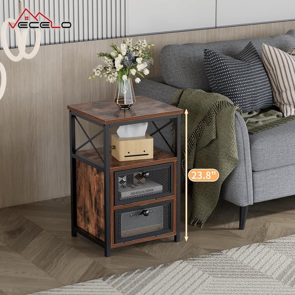 End Side Table, Modern Night Stand with Storage Space and Door, Set of 2 Nightstands for Living Room,Bedroom,Lounge, Rustic Brown