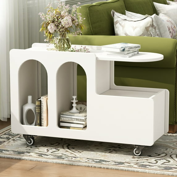 End Side Table, Narrow Nightstand with Lockable Wheels and Multi-layer Open Shelf, 3-Tier Rolling Bedside Table with 1 Storage Drawers for Bedroom, Living Room, Home Office,White