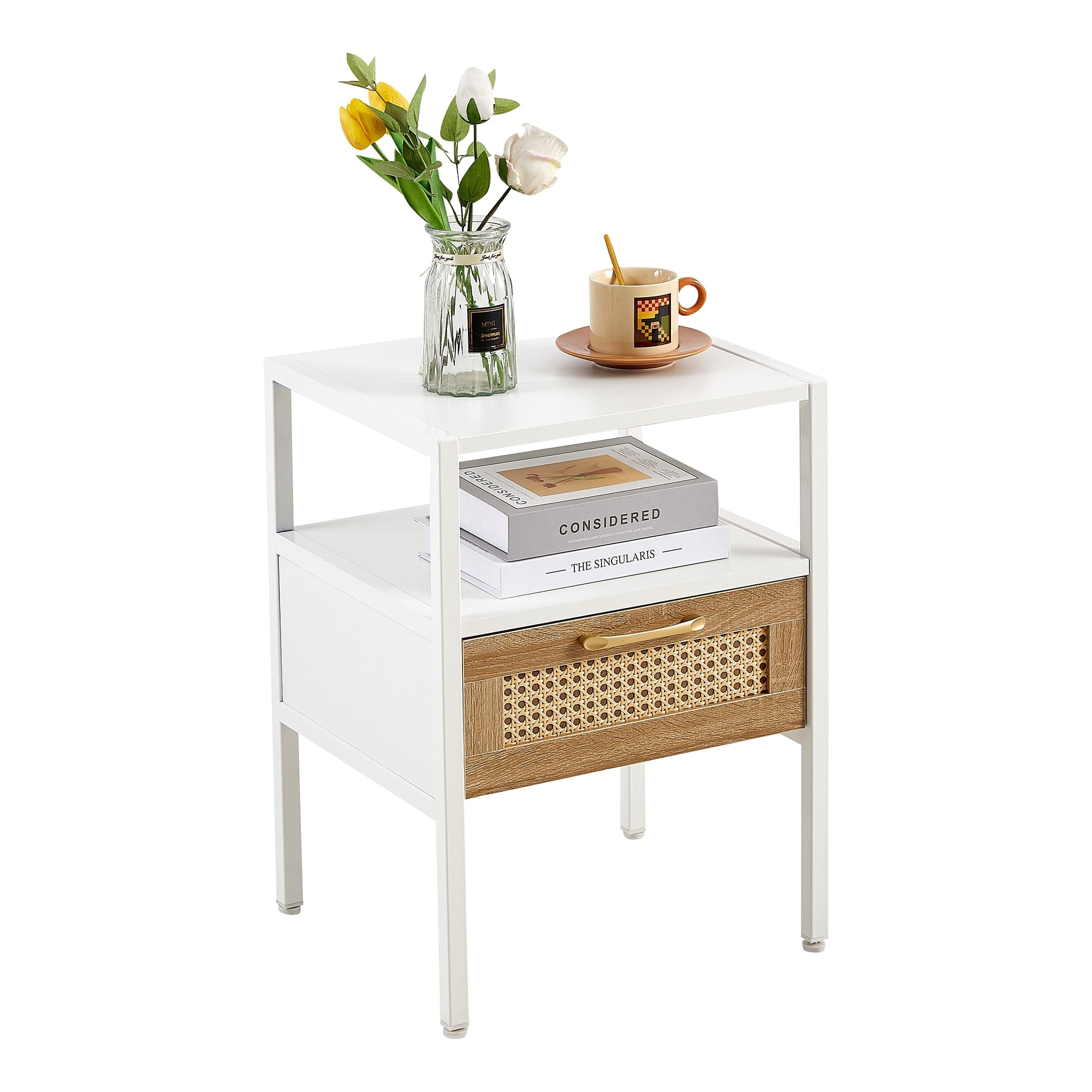 White and Natural Rattan Drawer End Table with Metal Legs