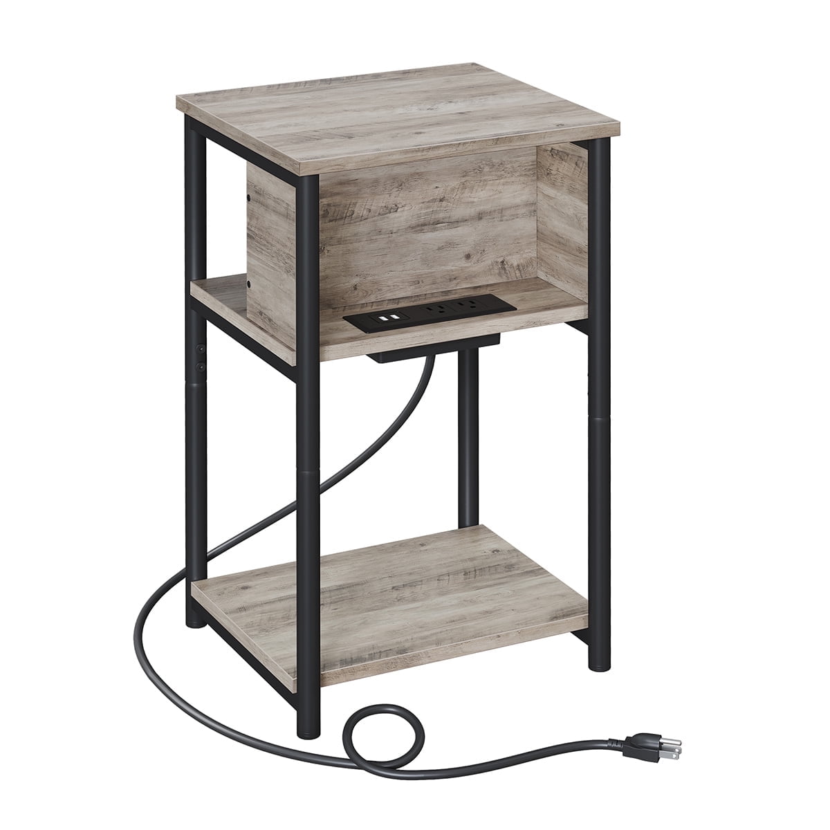 Greige and Black Metal 3-Tier Side Table with Charging Station