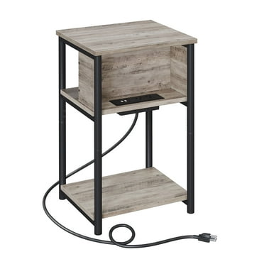 End Side Table with Charging Station 3-Tier End Table with USB Ports and Outlets Nightstand for Living Room Bedroom Greige and Black