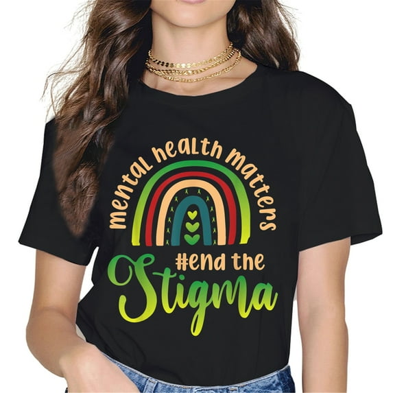 End the Stigma Mental Health Awareness Month Lovely Rainbow Women Tops T-Shirt Graphics Shirt Casual Short Sleeve Crew Neck Shirts Gift Tee Black XX-Large