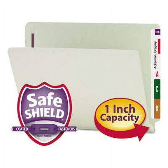 End Tab 1" Expansion Pressboard File Folders W/Two Safeshield Coated Fasteners, Straight Tab, Letter Size, Gray-Green, 25/Box