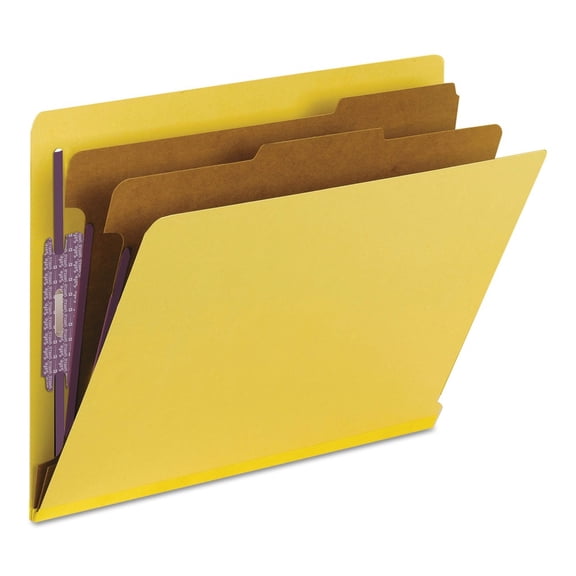 Smead 26789 End Tab Pressboard Classification Folders with Six SafeSHIELD Fasteners - Letter, Yellow (10/Box)
