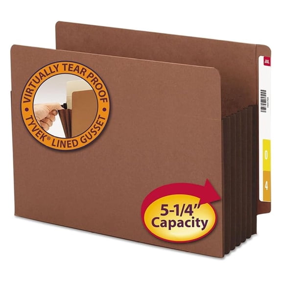 End Tab File Pocket, Reinforced Straight-Cut Tab, 5-1/4" Expansion, Extra Wide Letter Size, Redrope with Brown Gusset, 10 per Box (73691)