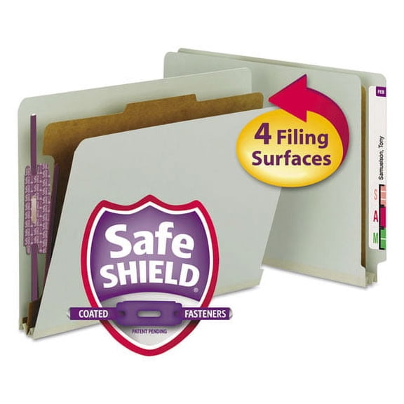 End Tab Pressboard Classification Folders With Safeshield Coated Fasteners, 1 Divider, Letter Size, Gray-Green, 10/box | Bundle of 5 Boxes