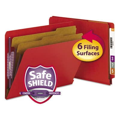 2 in. Expansion End Tab Pressboard Classification Folders with 6 SafeSHIELD Fasteners - Letter Size/Bright Red (10/Box)