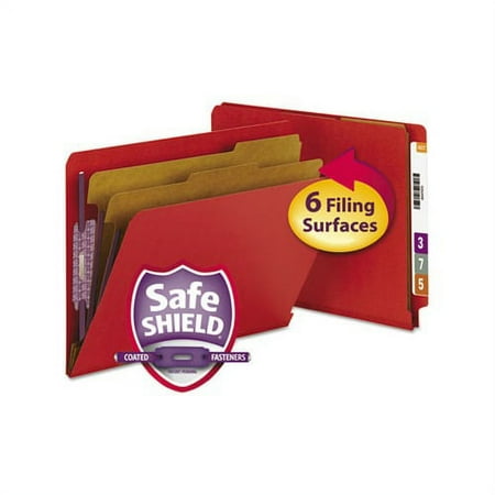 End Tab Pressboard Classification Folders with SafeSHIELD Fasteners 2 Dividers, Letter Size, Bright Red, 10/Box
