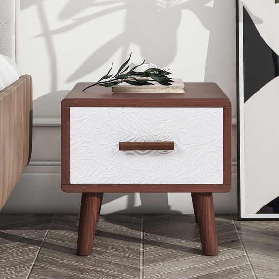 End Table with 1 Drawer Adorned with Embossed Patterns, 15” Tall Sofa Side Table with 1 Drawers, Large Storage Rustic Wood Square Storage Cabinet for Living Room,Bedroom,Office(Brown)