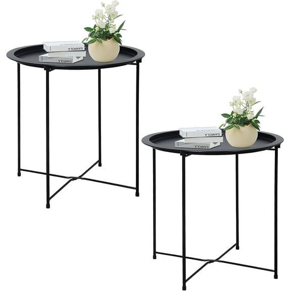 End Table 2 PCS Metal Side Black Round Folding Tray Cyan Sofa Small Accent Fold-able Table, Tray, Next to Snack for Living Room and Bed