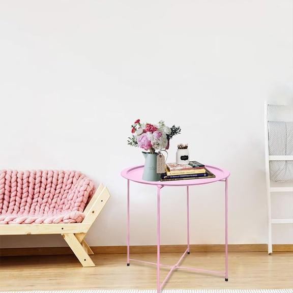 End Table 2 PCS Metal Side Table Pink Round Folding Tray Cyan Sofa Small Accent Fold-able Table, Round End Table Tray, Next to Sofa Table, Snack Table for Living Room and Bed Room