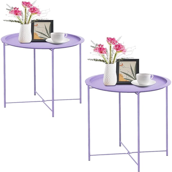 End Table 2 PCS Metal Side Table Purple Round Folding Tray Cyan Sofa Small Accent Fold-able Table, Round End Table Tray, Next to Sofa Table, Snack Table for Living Room and Bed Room