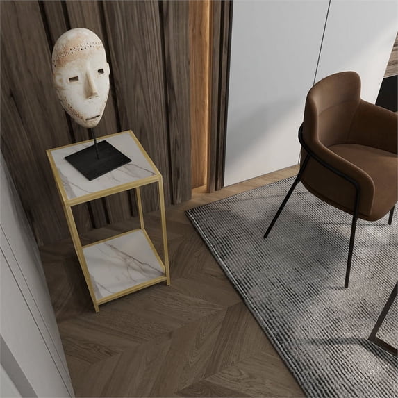 End Table 2 Shelves White Marble Gold Base
