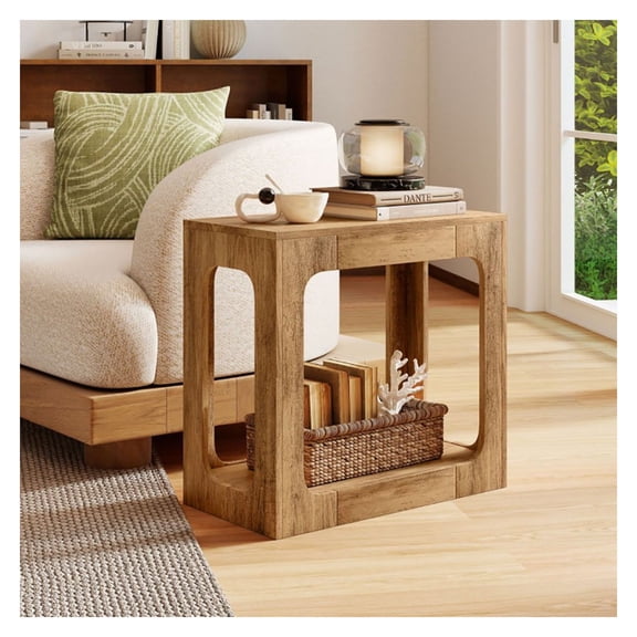 End Table 2 Tier, Farmhouse Side Table for Living Room, Rustic Accent Table with Storage, Small Nightstand for Bedroom, Oak/Walnut