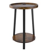 End Table, 2-Tier Round Side Table with Open Storage Shelves, Modern Nightstand Bedside Desk with USB & AC Charging Port, Wood Sofa Coffee Desk for Living Room, Bedroom, Office, Dorm, Brown