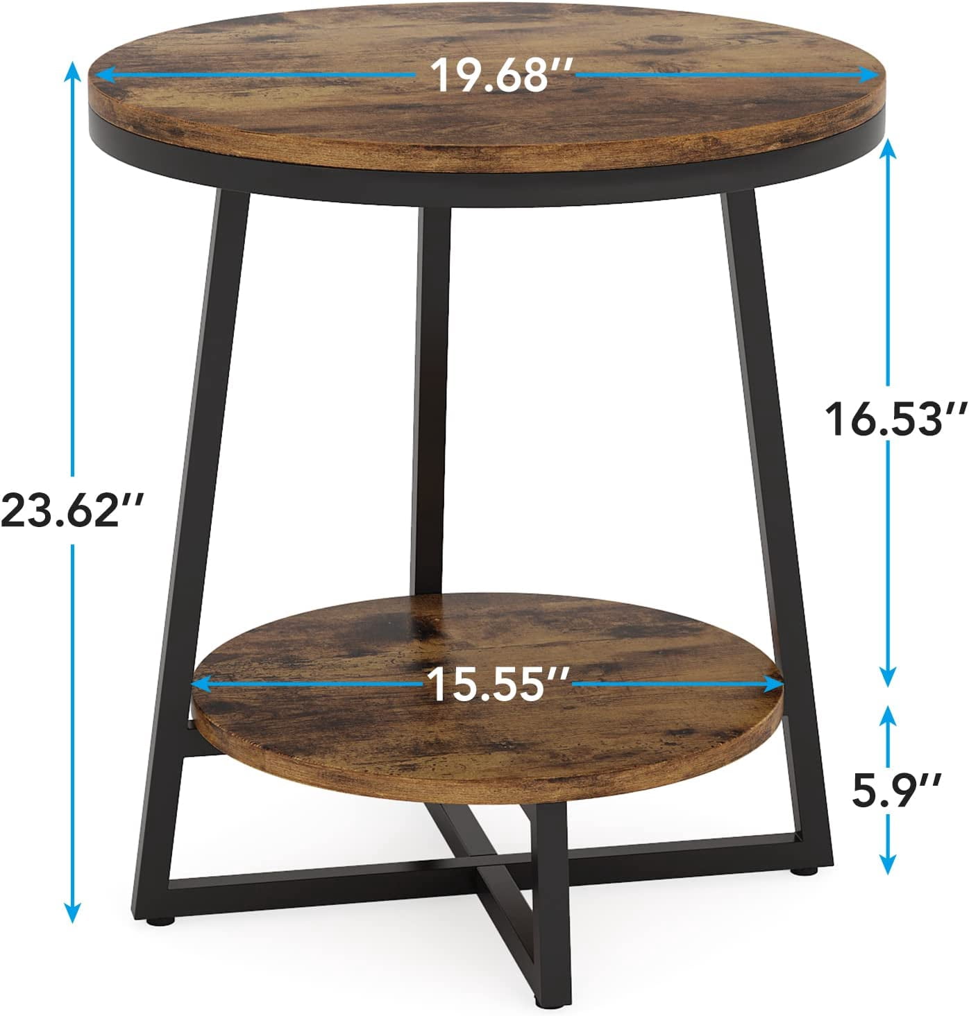 End Table, 2 Tier Round Side Table with Storage Shelf, Industrial ...