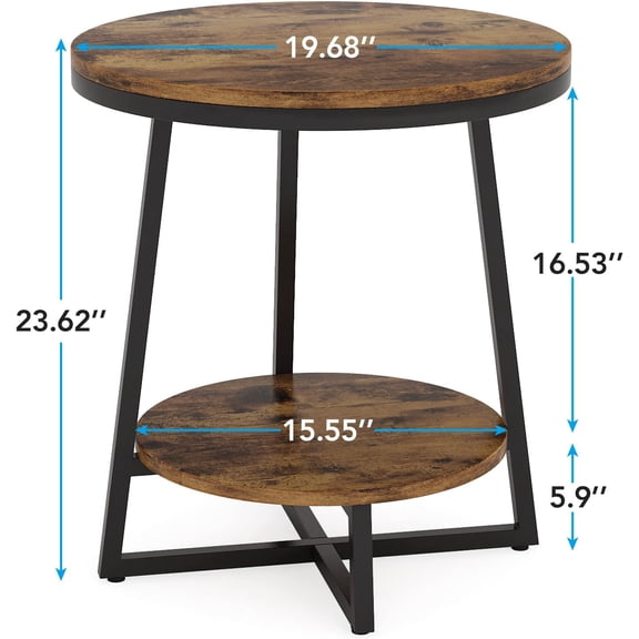 End Table, 2 Tier Round Side Table with Storage Shelf, Industrial Nightstand Bedside Table Coffee Accent Table for Living Room Bedroom Small Space, Rustic Brown