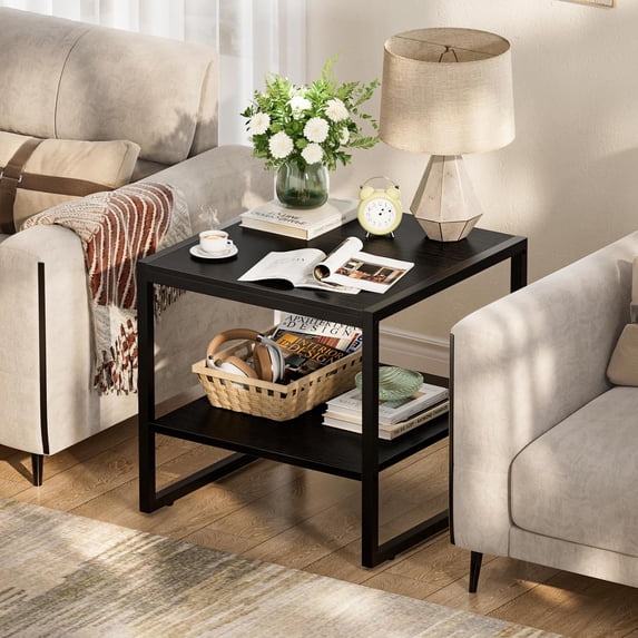 End Table, 20 Inch Square Black Wood Side Table with 2-Tier Storage Shelves for Living Room