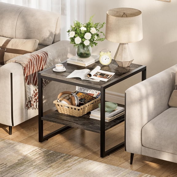End Table, 20 Inch Square End Table, Mini Fridge Stand with 2-Tier Storage Shelves, Industrial Wood Side Tables for Living Room, Black Oak