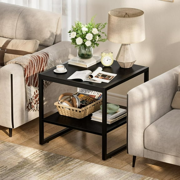 End Table, 20 Inch Square Side Table with 2-Tier Storage Shelves, Industrial Wood Mini Fridge Stand for Living Room Bedroom Office, Black