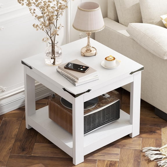 End Table, 20x20 Inch Square Side Table for Living Room, Large Wood Accent Table with Storage Shelf, Modern Farmhouse Nightstand Bedside Table, White