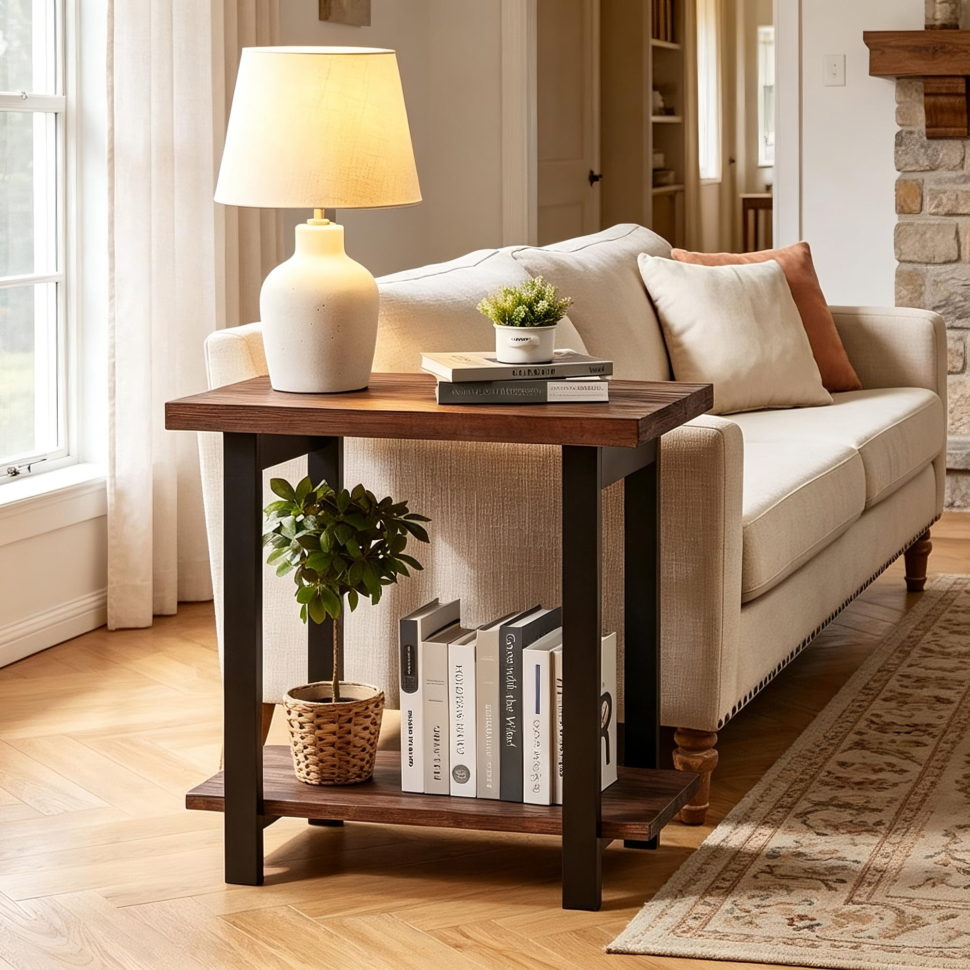 End Table 27.16 Inch, 2-Tier Industrial Side Table with Solid Pine Top and Rubberwood Legs, Sofa Table and Nightstand for Living Room and Bedroom, Walnut