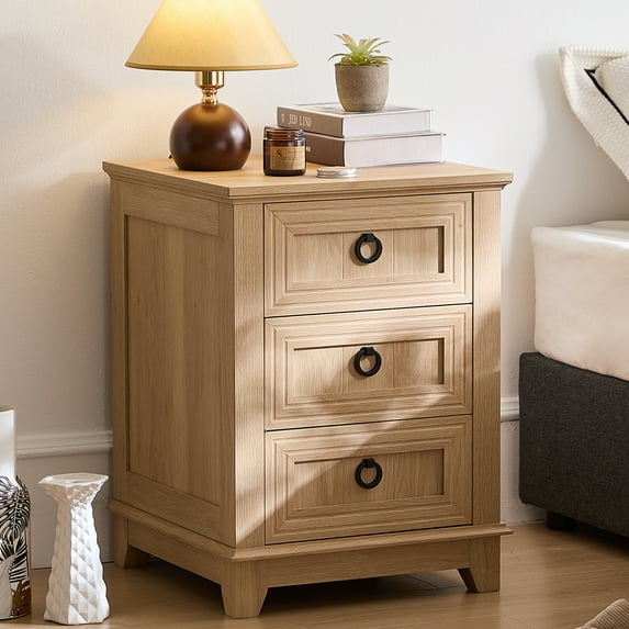 End Table with 3 Drawers, Wooden Storage Cabinet, Natural Nightstand with Metal Handle, Side Table with Storage for Living Room and Bedroom | Espresso