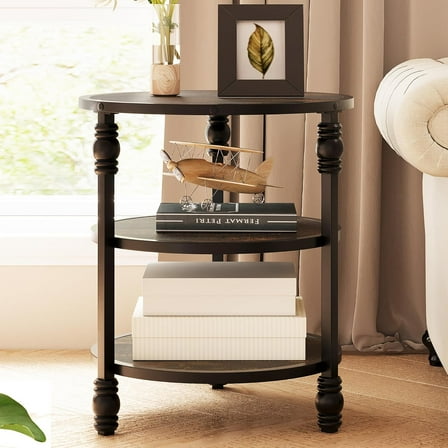 End Table 3-Tier Round Side Table Living Room Accent Table with Storage Shelf and Metal Industrial Wood Bed Side Table/Night Stand for Bedroom, Small Spaces