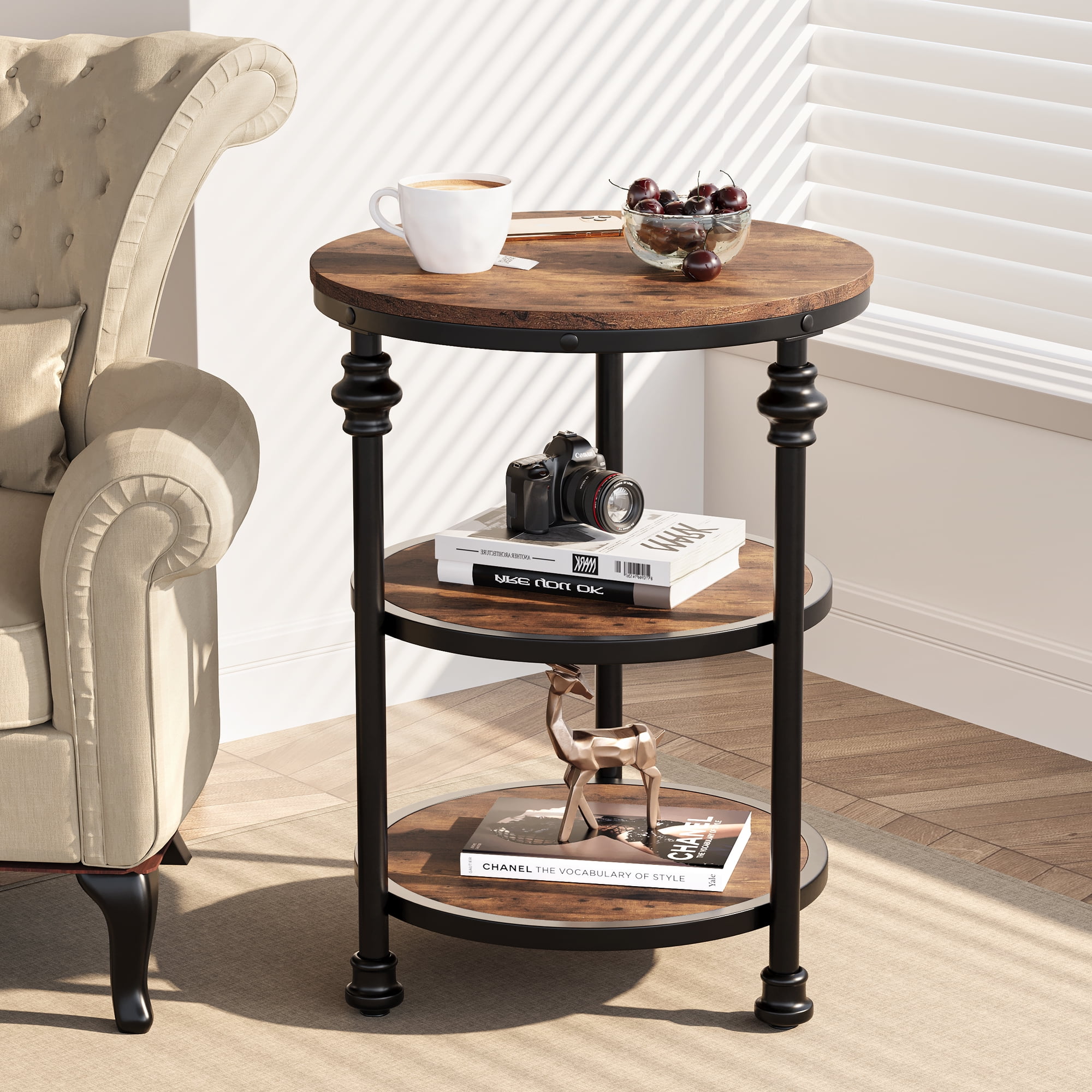 End Table 3 Tier Round Side Table Living Room Accent Table with Storage Shelf and Metal Industrial Wood Bed Side Table Night Stand Rustic Brown