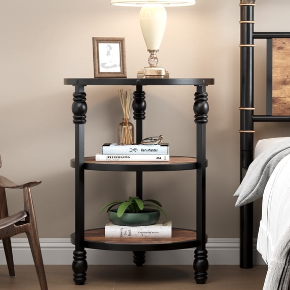 End Table 3-Tier Round Side Table Living Room Accent Table with Storage Shelf and Metal Industrial Wood Bed Side Table/Night Stand