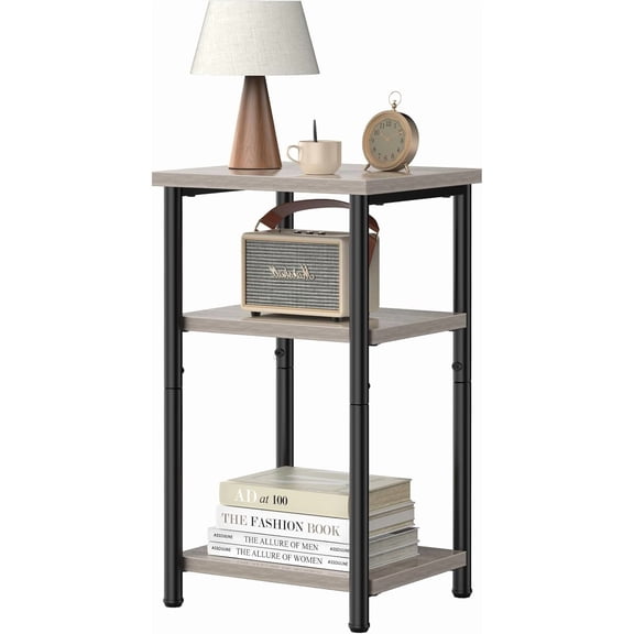 End Table, 3 Tier Side Sofa Tables for Small Space, Storage Shelf, Nightstand with Adjustable Feet for Living Room, Bedroom, Office, Set of 1, Oak Grey