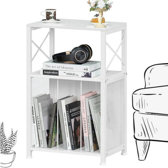 End Table 3 Tier Side Tables Modern Sofa Table with Storage Shelf, , Vinyl Record Player Table with Album Storage, Nightstand with Magazine Rack Living Room Home Office,White