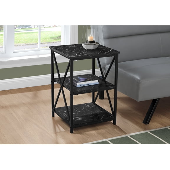 End Table with 3-Tier Storage, Black Marble Look Laminate Top and X-Design Black Metal Base, 18" L x 18" W x 26" H Contemporary Side Table for Living Room or Bedroom Nightstand