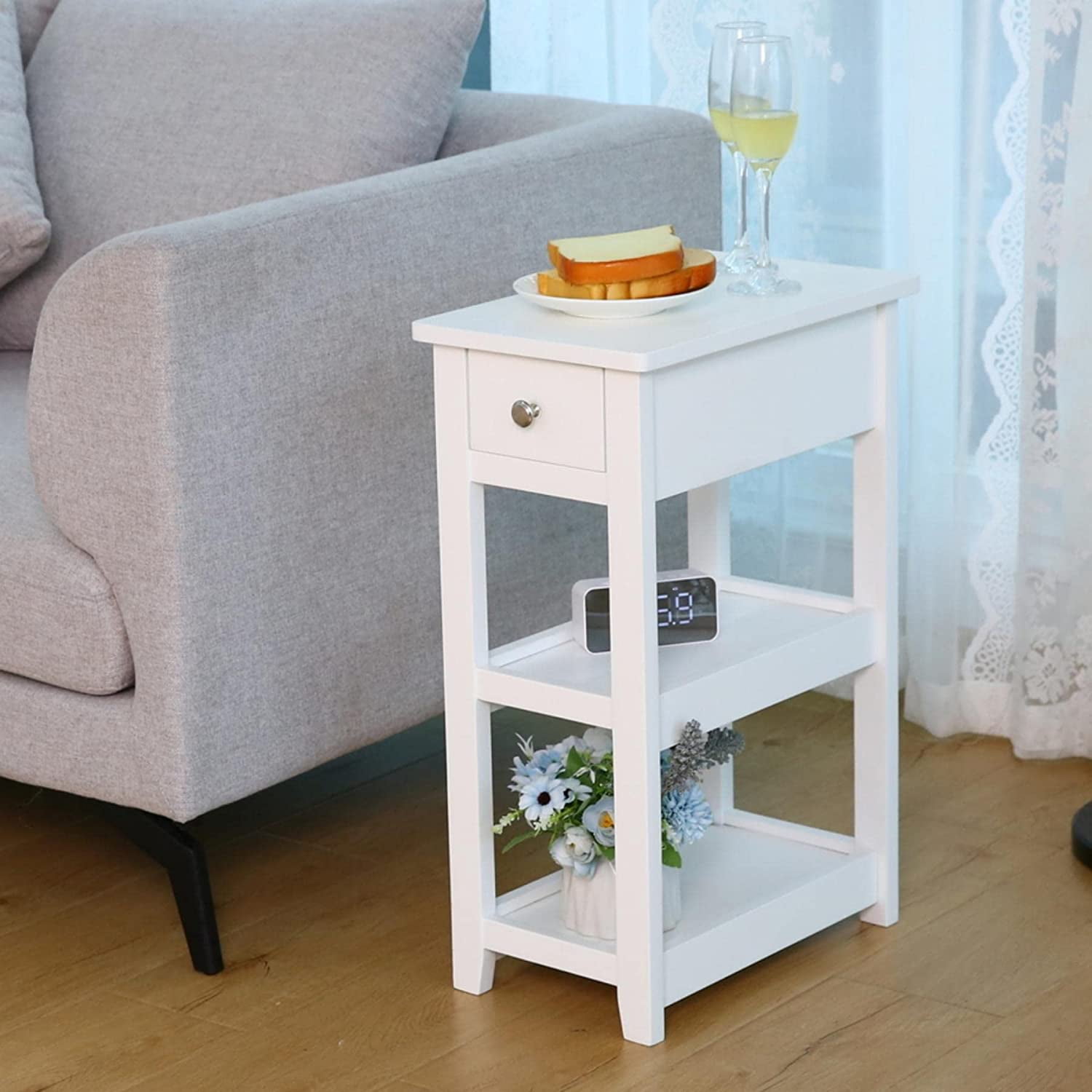 End Table, 3-Tier White Nightstand with Drawer and 2 Shelves, Wood Look Accent Narrow Side ...