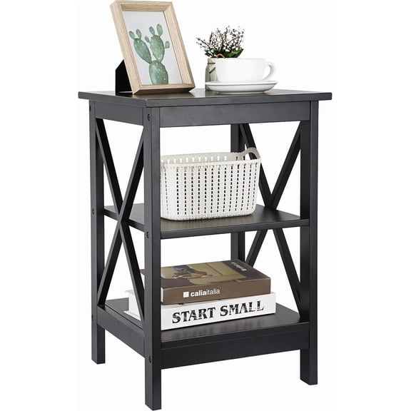 End Table 3-Tier X-Design Side Table with Storage Shelves Sofa Side Table Storage Organizer Display for Bedroom, Living Room, Office, Nursery Room, Black