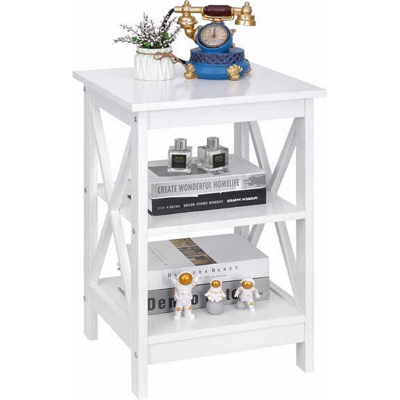 End Table 3-Tier X-Design Side Table with Storage Shelves Sofa Side Table Storage Organizer Display for Bedroom, Living Room, Office, Nursery Room, White